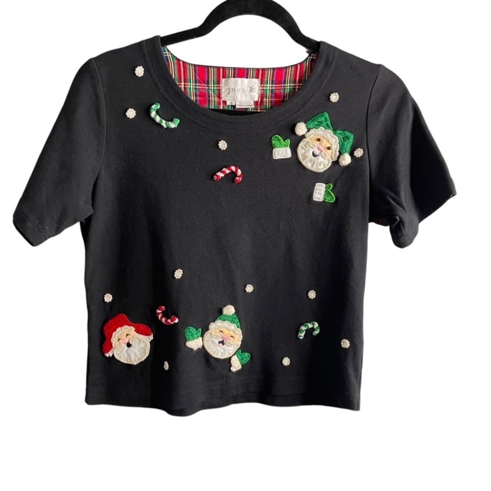 Just B The Cutest little ugly XMAS shirt. Happy Santa’s & faux pearl snowflakes